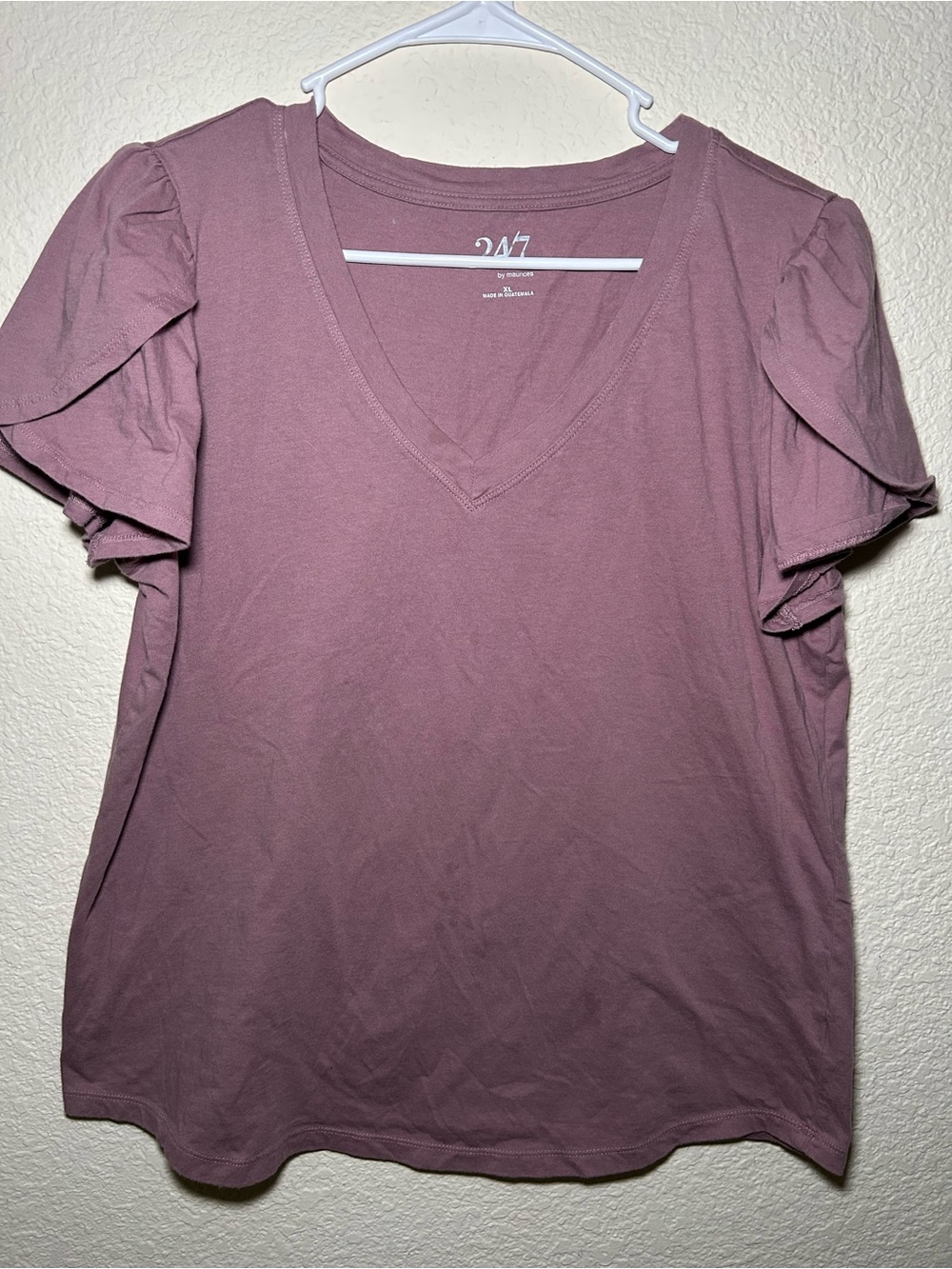 24/7 Printed Mauve V-Neck Flutter Sleeve Top Casual Comfort 100% Cotton XL